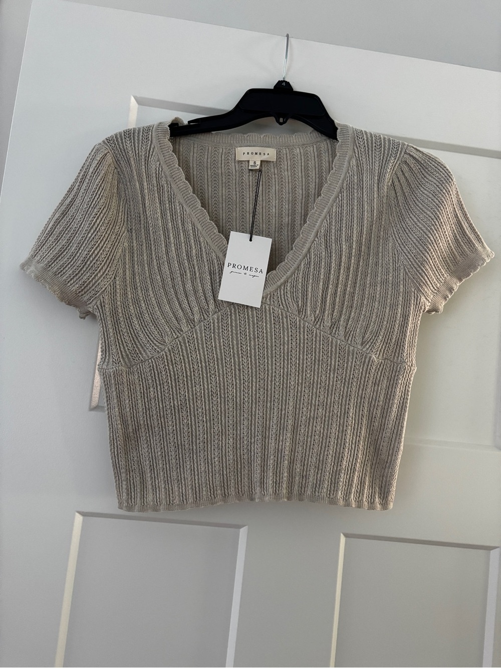 Promesa Ribbed V-Neck Crop Top in Taupe